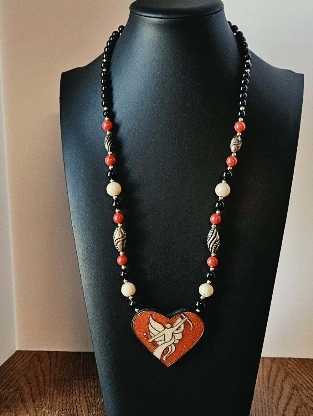Beaded Necklace With Red Enamel Heart Pendant Gold Tone Cupid Vintage